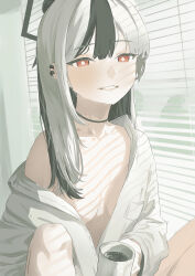 Rule 34 | 1girl, absurdres, black choker, black hair, blue archive, breasts, bright pupils, choker, coffee, coffee mug, collarbone, cup, ear piercing, esubui, grey hair, halo, highres, indoors, kayoko (blue archive), long sleeves, looking at viewer, mug, multicolored hair, no bra, open clothes, open shirt, parted lips, piercing, red eyes, shirt, single bare shoulder, sitting, small breasts, smile, solo, sunlight, two-tone hair, white shirt, window blinds