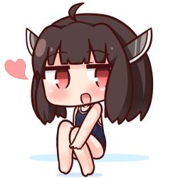 Rule 34 | 1girl, :d, ahoge, bare arms, bare legs, bare shoulders, barefoot, black one-piece swimsuit, blunt bangs, blush, brown hair, chibi, commentary request, competition school swimsuit, full body, hana kazari, headgear, heart, long hair, looking at viewer, one-piece swimsuit, open mouth, red eyes, school swimsuit, sitting, smile, solo, swimsuit, touhoku kiritan, voiceroid, white background