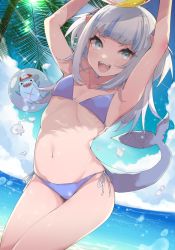 Rule 34 | 1girl, :d, armpits, arms up, ball, bare arms, bare shoulders, beachball, bikini, bloop (gawr gura), blue bikini, day, fins, fish tail, gawr gura, goten (510gensoku), grey eyes, hair ornament, highres, holding, hololive, hololive english, long hair, looking at viewer, multicolored hair, navel, ocean, open mouth, outdoors, shark tail, sharp teeth, side-tie bikini bottom, silver hair, smile, solo, stomach, streaked hair, string bikini, sunlight, swimsuit, tail, teeth, thighs, two side up, v-shaped eyebrows, virtual youtuber