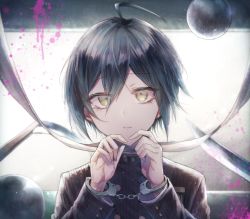 Rule 34 | 1boy, ahoge, ball, black hair, black jacket, blood, brown eyes, chain, commentary request, cuffed, cuffs, danganronpa (series), danganronpa v3: killing harmony, goto (sep), hair between eyes, handcuffs, hands up, jacket, long sleeves, looking at viewer, male focus, pink blood, portrait, saihara shuichi, solo, striped clothes, striped jacket, upper body