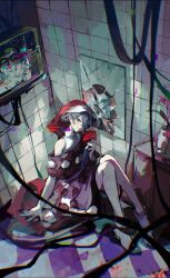 Rule 34 | 1girl, arm support, black dress, blue eyes, blue hair, book, broken mirror, cable, checkered floor, closed mouth, doremy sweet, dress, full body, hat, head tilt, highres, holding, holding book, kuchiguchi juko, looking at viewer, mirror, monitor, nightcap, pom pom (clothes), red hat, shirt, short hair, sleeveless, sleeveless shirt, smile, socks, solo, touhou, two-tone dress, vase, white dress, white shirt, white socks