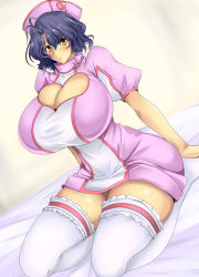Rule 34 | 10s, 1girl, ahoge, blue hair, blush, breasts, brown eyes, bursting breasts, cleavage, cleavage cutout, clothing cutout, dress, female focus, gigantic breasts, hat, heart cutout, idolmaster, idolmaster million live!, impossible clothes, impossible dress, kneeling, legs, looking at viewer, nurse, nurse cap, short hair, simple background, sitting, solo, thighhighs, thighs, toyokawa fuka, umino mokuzu (a4 size), white background, white thighhighs, yellow eyes