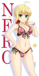 Rule 34 | &gt;:), 10s, 1girl, 2015, ahoge, artist name, bikini, blonde hair, blush, bracelet, braid, breasts, character name, cleavage, collarbone, dated, fate/extra, fate (series), front-tie top, green eyes, hair ribbon, hand on own hip, highres, jewelry, looking at viewer, medium breasts, navel, nero claudius (fate), nero claudius (fate) (all), nero claudius (fate/extra), official alternate costume, red bikini, ribbon, side-tie bikini bottom, silhouette, smile, smug, solo, standing, star (symbol), swimsuit, the-sinner, v-shaped eyebrows, white background