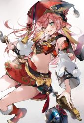 Rule 34 | 1girl, boots, detached sleeves, genshin impact, green eyes, hair ornament, hat, highres, holding, holding staff, horns, looking at viewer, navel, open mouth, pink hair, red footwear, red headwear, skirt, soraneko hino, staff, white background, wide sleeves, yanfei (genshin impact)