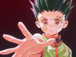 Rule 34 | 1boy, bandaid, bandaid on face, black background, black hair, brown eyes, derivative work, foreshortening, gon freecss, gradient background, green jacket, grimpo 027, hunter x hunter, jacket, looking at viewer, male focus, outstretched hand, parted lips, screenshot redraw, solo, spiked hair, upper body