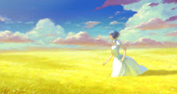 Rule 34 | 1girl, blue hair, blue sky, blue theme, cloud, day, dress, field, from side, grass, hiko (scape), original, outdoors, parted lips, profile, running, short hair, short sleeves, sky, solo, white dress, wind, yellow theme