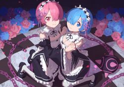 Rule 34 | anima (user fvda5458), ball and chain (weapon), blue eyes, blue flower, blue hair, breasts, chain, checkered floor, cleavage, commentary request, detached sleeves, female focus, flower, frilled sleeves, frills, hair ornament, hair over one eye, hair ribbon, holding hands, kneeling, looking at viewer, maid, maid headdress, matching hair/eyes, medium breasts, petals, pink eyes, pink flower, pink hair, pink ribbon, purple ribbon, ram (re:zero), re:zero kara hajimeru isekai seikatsu, rem (re:zero), ribbon, ribbon-trimmed clothes, ribbon trim, roswaal mansion maid uniform, short hair, siblings, sisters, spike ball, spiked ball and chain, twins, weapon, x hair ornament