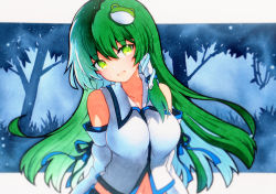 Rule 34 | 1girl, bad id, bad twitter id, bare shoulders, collarbone, detached sleeves, frog hair ornament, green eyes, green hair, hair between eyes, hair ornament, highres, japanese clothes, kochiya sanae, long hair, navel, nontraditional miko, open mouth, qqqrinkappp, ribbon-trimmed sleeves, ribbon trim, smile, snake hair ornament, solo, touhou, traditional media, upper body, white sleeves, wide sleeves