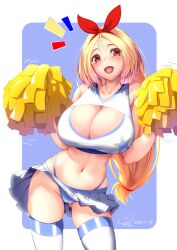 Rule 34 | 1girl, bare shoulders, blonde hair, blush, breasts, cameltoe, cheerleader, cleavage, cleavage cutout, clothing cutout, collarbone, contrapposto, cowboy shot, crop top, gluteal fold, hairband, hands up, highleg, highleg panties, highres, holding, holding pom poms, huge breasts, kaede acer, long hair, looking at viewer, low-tied long hair, microskirt, midriff, open mouth, orange eyes, original, panties, pantyshot, parted hair, pom pom (cheerleading), pom poms, simple background, skindentation, skirt, smile, solo, thighhighs, underwear