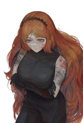 Rule 34 | 1girl, bandaged arm, bandages, bare shoulders, black pants, black shirt, bleeding, blood, blood on face, breasts, brown hairband, cindymeimezu, freckles, hair focus, hairband, highres, ishmael (project moon), large breasts, limbus company, long hair, orange hair, pants, project moon, scar, shirt, sleeveless, sleeveless turtleneck, solo, too many, too many scars, turtleneck, white background, yellow eyes