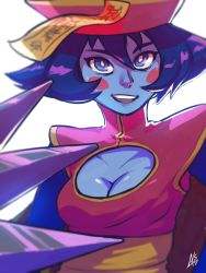 Rule 34 | 1girl, aurahack, blue skin, blurry, blush stickers, breasts, chinese clothes, claws, cleavage, cleavage cutout, clothing cutout, colored skin, depth of field, flipped hair, hat, highres, jiangshi, lei lei, ofuda, open mouth, purple eyes, purple hair, qingdai guanmao, short hair, signature, smile, solo, vampire (game)