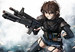 Rule 34 | 1girl, ammunition pouch, assault rifle, black gloves, black thighhighs, brown eyes, brown hair, buckle, commentary request, fingerless gloves, garter straps, gloves, grin, gun, gun sling, highres, imizu (nitro unknown), jacket, layered sleeves, long sleeves, m4 carbine, md5 mismatch, messy hair, military jacket, no headwear, original, pointy ears, pouch, resolution mismatch, revision, rifle, short over long sleeves, short shorts, short sleeves, shorts, shotgun, shotgun shell, smile, snap-fit buckle, solo, source smaller, thighhighs, weapon