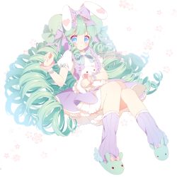 Rule 34 | 1girl, animal ears, animal slippers, blue eyes, blush, bow, bunny slippers, commentary, commission, english commentary, frilled bow, frills, full body, green footwear, green hair, hair bow, hand up, knees together feet apart, long hair, looking at viewer, loose socks, hugging object, original, parted lips, puffy short sleeves, puffy sleeves, purple bow, purple legwear, purple skirt, rabbit ears, rimuu, shirt, short sleeves, sidelocks, skirt, slippers, socks, solo, stuffed animal, stuffed rabbit, stuffed toy, very long hair, watermark, web address, white background, white shirt, wrist cuffs