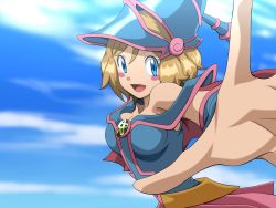 Rule 34 | 1girl, aki (yunkana), bare shoulders, blue eyes, blush stickers, breasts, cleavage, cloud, commentary request, cosplay, creatures (company), dark magician girl, dark magician girl (cosplay), day, derivative work, eyelashes, game freak, hat, highres, light brown hair, looking at viewer, nintendo, open mouth, outdoors, outstretched arm, pokemon, pokemon (anime), pokemon xy (anime), screenshot redraw, serena (pokemon), short hair, sky, smile, solo, spread fingers, tongue, wizard hat, yu-gi-oh!