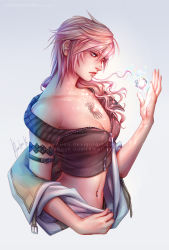 Rule 34 | 10s, 1girl, amelion, armlet, asymmetrical hair, blue eyes, breasts, cleavage, crystal, final fantasy, final fantasy xiii, glowing, highres, jacket, jacket off shoulders, lightning farron, navel, navel piercing, nose, off shoulder, piercing, pink hair, solo, square enix, stomach, tattoo, undressing, unzipped, upper body, watermark