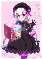 Rule 34 | 1girl, absurdres, beret, black bow, black gloves, black hat, book, bow, braid, closed mouth, commentary request, doll joints, elbow gloves, fate/extra, fate (series), frilled sleeves, frills, gloves, gothic lolita, hair bow, hat, highres, joints, lolita fashion, long hair, low twintails, nursery rhyme (fate), open book, pink background, puffy short sleeves, puffy sleeves, purple eyes, short sleeves, smile, solo, standing, striped bow, twin braids, twintails, two-tone background, very long hair, white background, white hair, yuya090602