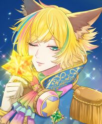Rule 34 | 1boy, animal ears, aqua eyes, blonde hair, blue background, blue hair, blue jacket, epaulettes, fox boy, fox ears, gloves, gradient background, green hair, highres, jacket, light blue background, long sleeves, looking at viewer, male focus, mel6969, multicolored hair, one eye closed, parted lips, pink hair, short hair, show by rock!!, shu zo (show by rock!!), smile, solo, star (symbol), white gloves