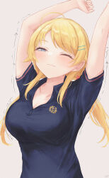 Rule 34 | 1girl, ;|, arms up, blonde hair, blue shirt, blush, breasts, collarbone, gameso, hachimiya meguru, highres, idolmaster, idolmaster shiny colors, large breasts, open collar, shirt, simple background, solo, stretching, trembling, twintails, upper body
