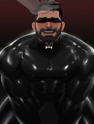 Rule 34 | 2boys, animal collar, bara, beard, blindfold, blush, bodysuit, bulge, collar, covered abs, covered erect nipples, covered navel, dopey (dopq), facial hair, highres, large pectorals, latex, latex bodysuit, male focus, mature male, multiple boys, muscular, muscular male, original, paid reward available, pectorals, pov, see-through silhouette, short hair, skin tight, smile, solo focus, thick eyebrows, thick thighs, thighs, yaoi