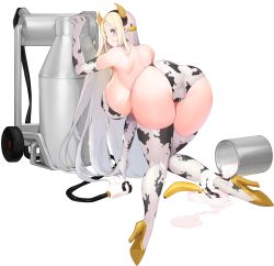 Rule 34 | 1girl, all fours, animal print, areola slip, ass, banana, bent over, bikini, blonde hair, blue eyes, boots, breasts, cerestia of life, circlet, cow girl, cow print, curvy, ear tag, elbow gloves, elf, food, from behind, fruit, full body, game cg, gloves, hair between eyes, hanging breasts, high heels, highres, horns, huge breasts, last origin, long hair, long pointy ears, looking at viewer, looking back, milk, milking machine, official art, partially visible vulva, pointy ears, sideboob, snowball22, solo, spilled milk, suggestive fluid, swimsuit, tachi-e, thigh boots, thighhighs, transparent background, very long hair, wide hips