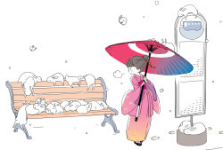 Rule 34 | 1girl, bench, breath, bus stop, japanese clothes, kimono, new year, oil-paper umbrella, original, rabbit, rakuraku, snow, solo, too many, too many rabbits, umbrella, white background, white theme