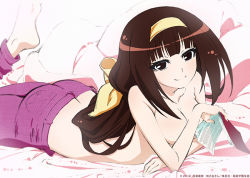 Rule 34 | 1girl, ajimu najimi, barefoot, book, bow, brown eyes, brown hair, butt crack, covering privates, covering breasts, denim, hair ribbon, hairband, jeans, kinoshita sumie, long hair, lying, medaka box, official art, on stomach, open book, pants, ribbon, smile, solo, tomboy, topless, yellow bow, yellow ribbon