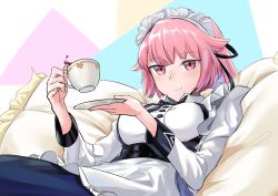 Rule 34 | 1girl, bad id, bad pixiv id, breasts, closed mouth, couch, cup, dress, girls&#039; frontline, hair ribbon, hairband, highres, holding, holding cup, long hair, looking at viewer, maid, maid headdress, medium breasts, ntw-20 (girls&#039; frontline), ntw-20 (the aristocrat experience) (girls&#039; frontline), official alternate costume, pink eyes, pink hair, ribbon, sgholln, simple background, sitting, smile, solo, teacup