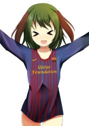 Rule 34 | &gt; &lt;, 1girl, animal ears, arms up, barcelona, closed eyes, dog ears, fc barcelona, green hair, happy, highres, kasodani kyouko, naked shirt, open mouth, shirt, short hair, simple background, soccer, solo, sunyuqian, touhou, white background