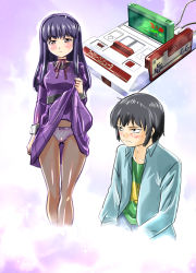 Rule 34 | 10s, 1boy, 1girl, black hair, black pantyhose, blue shirt, blush, bow, bow panties, breasts, brown hair, closed mouth, clothes lift, collarbone, dress, dress lift, famicom, frown, game console, head tilt, high score girl, highres, lifted by self, long hair, looking at viewer, medium breasts, morimi ashita, neck ribbon, oono akira, open clothes, open shirt, panties, panties under pantyhose, pantyhose, purple dress, purple hair, red ribbon, ribbon, shirt, short hair, standing, striped clothes, striped shirt, underwear, wavy mouth, yaguchi haruo