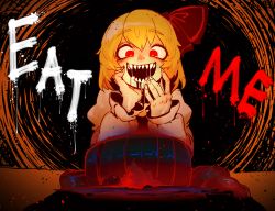 Rule 34 | 1girl, blonde hair, crazy eyes, crazy smile, drooling, english text, facing viewer, fingernails, food, hair ribbon, hand on own cheek, hand on own face, hands up, long sleeves, meat, nyong nyong, open mouth, red eyes, red ribbon, ribbon, rumia, sharp teeth, smile, solo, teeth, touhou