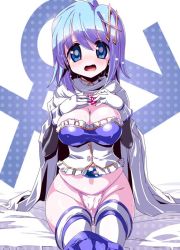 Rule 34 | 10s, 1girl, :o, bed, blue eyes, blue hair, breasts, cape, cleavage, condom, fortissimo, gloves, hair ornament, hairclip, large breasts, magical girl, mahou shoujo madoka magica, mahou shoujo madoka magica (anime), mahou shoujo madoka magica movie 1 &amp; 2, matching hair/eyes, miki sayaka, miki sayaka (magical girl), miuku (marine sapphire), musical note, musical note hair ornament, no pants, panties, short hair, solo, soul gem, thighhighs, underwear, white gloves, white thighhighs