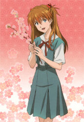 Rule 34 | 1girl, absurdres, blue eyes, blue skirt, brown hair, collared shirt, dress shirt, flower, highres, interface headset, khara (animation studio), long hair, looking at viewer, neon genesis evangelion, official art, open mouth, scan, school uniform, shirt, simple background, skirt, solo, souryuu asuka langley, suspender skirt, suspenders, tokyo-3 middle school uniform, two side up, white shirt
