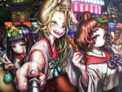Rule 34 | 3girls, absurdres, animal ears, architecture, black hair, blonde hair, blue eyes, corn dog, double v, east asian architecture, eating, fangs, festival, food, food stand, fox ears, fox girl, grin, headpiece, highres, holding, holding food, japanese clothes, jonpei, kimono, leaf, leaf on head, long hair, looking at viewer, multiple girls, original, outdoors, purple eyes, raccoon girl, raccoon tail, rope, selfie, selfie stick, shimenawa, short eyebrows, smile, summer festival, tail, teeth, thick eyebrows, upper body, v, water balloon, water yoyo, wet, wet clothes, wet hair, yellow eyes, yukata
