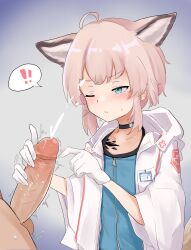 Rule 34 | !, !!, 1boy, 1girl, absurdres, ahoge, animal ears, arknights, blue eyes, blue vest, blush, closed mouth, coat, collarbone, commentary, cum, ejaculation, english commentary, extra ears, flat chest, fox ears, fox girl, gloved handjob, gloves, handjob, hetero, highres, hood, hood down, hooded coat, material growth, one eye closed, oripathy lesion (arknights), pink hair, short hair, speech bubble, spoken exclamation mark, sussurro (arknights), twitching penis, uncensored, variant set, vest, white coat, white gloves, wuoo48763