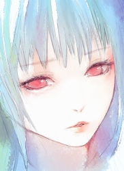 Rule 34 | 1girl, bad id, bad pixiv id, blue hair, close-up, kimura daisuke, lips, original, portrait, red eyes, solo