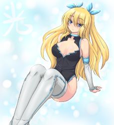 Rule 34 | 1girl, aizawa hikaru, blonde hair, blue eyes, boots, breasts, cleavage, detached sleeves, enoko (zqfebi), hair ribbon, highres, large breasts, leotard, long hair, microsoft, os-tan, ribbon, silverlight, solo, tears, thigh boots, thighhighs, twintails