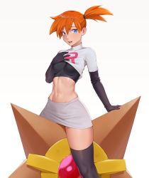 Rule 34 | 1girl, abs, adapted costume, asymmetrical hair, bad id, bad twitter id, blue eyes, blush, breasts, cheshirrr, cosplay, covered collarbone, cowboy shot, creatures (company), game freak, gen 1 pokemon, gloves, gym leader, highres, jessie (pokemon), jessie (pokemon) (cosplay), legs, looking at viewer, medium breasts, miniskirt, misty (pokemon), navel, nintendo, open mouth, orange hair, pokemon, pokemon (anime), pokemon (classic anime), ponytail, short hair, side ponytail, simple background, skirt, smile, solo, spread legs, staryu, team rocket, team rocket (cosplay), team rocket uniform, thighhighs, thighs, white background, wide hips