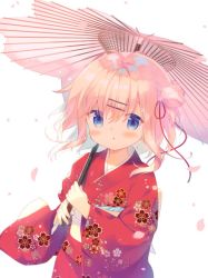 Rule 34 | 1girl, :o, blonde hair, blue eyes, blush, commentary request, floral print, flower, hair between eyes, hair flower, hair ornament, hair ribbon, hairclip, holding, holding umbrella, japanese clothes, kimono, long hair, long sleeves, looking at viewer, mayu (yuizaki kazuya), obi, oil-paper umbrella, one side up, original, parted lips, petals, pink flower, pink umbrella, print kimono, red kimono, red ribbon, ribbon, sash, solo, umbrella, white background, wide sleeves, yuizaki kazuya