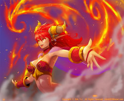 Rule 34 | 1girl, alexstrasza, armor, artist name, bikini armor, bracelet, breasts, cape, female focus, fire, gradient background, horn ornament, horn ring, horns, jewelry, kim yj, large breasts, lipstick, long hair, makeup, midriff, orange eyes, pointy ears, red hair, solo, warcraft, world of warcraft