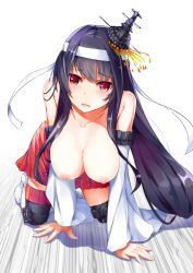 Rule 34 | 10s, 1girl, all fours, black hair, breasts, breasts out, detached sleeves, fusou (kancolle), hanging breasts, henet hene, japanese clothes, kantai collection, large breasts, long hair, miko, nipples, open mouth, red eyes, skirt, solo, thighhighs