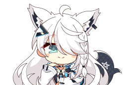 Rule 34 | 1girl, 7:08, ahoge, animal ear fluff, animal ears, black choker, blush, braid, choker, commentary request, dog tags, earrings, extra ears, fox ears, fox girl, fox tail, green eyes, hair between eyes, hair ornament, hair over one eye, hairclip, highres, hololive, jacket, jewelry, long hair, looking at viewer, pentagram, shirakami fubuki, shirakami fubuki (fubukitek), sidelocks, simple background, single braid, smile, solo, tail, virtual youtuber, white background, white hair, white jacket