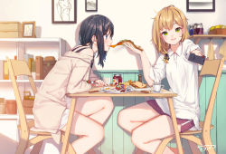Rule 34 | 2girls, alternate costume, black hair, blonde hair, blouse, blurry, bread, controller, cup, day, depth of field, drinking glass, eating, egg (food), emilia (krt girls), fangxiang cuoluan, food, from side, fruit, holding, holding remote control, indoors, krt girls, long hair, messy hair, milk, multiple girls, off-shoulder, off-shoulder sweater, off shoulder, orange (fruit), orange slice, picture frame, plate, remote control, saucer, sausage, shirt, shorts, sitting, strawberry, sunny side up egg, sweater, table, white shirt, wooden table, xiao qiong, yellow eyes