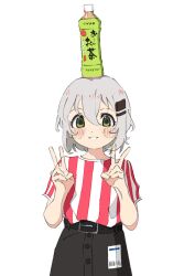 Rule 34 | 1girl, alternate costume, barcode, black skirt, blush, bottle on head, commentary request, cowboy shot, double v, green eyes, green tea, grey hair, grin, hair ornament, hairclip, id card, looking at viewer, piezo, plastic bottle, red shirt, shirt, shirt tucked in, short hair, short sleeves, simple background, skirt, smile, solo, standing, striped clothes, striped shirt, tea, v, white background, yama no susume, yukimura aoi