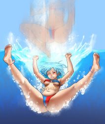 Rule 34 | 1girl, absurdres, afterimage, anklet, aqua hair, bandeau, barefoot, belly chain, bikini, bikini bottom only, blue nails, blush, breasts, clenched teeth, dunk tank, falling, feet, highres, jewelry, kairunoburogu, nail polish, o-ring, o-ring top, one eye closed, red eyes, red nails, short hair, soles, solo, splashing, spread legs, strapless, swimsuit, tatara kogasa, teeth, toe scrunch, toenail polish, toenails, toes, touhou, tube top, underboob, underwater, wince