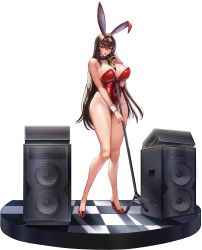 Rule 34 | 1girl, between breasts, blush, breasts, crossed bangs, full body, hair between eyes, hair intakes, high heels, highres, huge breasts, last origin, leotard, long hair, microphone, microphone stand, mr.yun, official art, open mouth, playboy bunny, red leotard, royal arsenal, solo, speaker, tachi-e, transparent background, very long hair