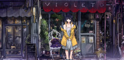 Rule 34 | 1girl, :d, absurdres, blush, chair, dress, closed eyes, fang, highres, hololive, hololive english, long hair, long sleeves, looking at viewer, menu board, ninomae ina&#039;nis, off shoulder, open mouth, plant, purple eyes, purple hair, rain, sleeveless, sleeveless dress, smile, standing, storefront, takodachi (ninomae ina&#039;nis), tentacle hair, transparent, transparent umbrella, umbrella, very long hair, violet (ninomae ina&#039;nis), virtual youtuber, vyragami, white dress, yellow raincoat