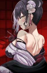 Rule 34 | 1girl, aquina art, back, bare shoulders, black gloves, black hair, black kimono, breasts, commentary, english commentary, floral print kimono, flower, fox shadow puppet, from behind, gloves, hair flower, hair ornament, highres, hololive, hololive english, japanese clothes, kimono, lace, lace-trimmed gloves, lace trim, large breasts, looking at viewer, looking back, multicolored hair, nape, off shoulder, official alternate costume, official alternate hairstyle, shiori novella, shiori novella (new year), solo, split-color hair, streaked hair, upper body, virtual youtuber, white hair, white kimono, yellow eyes
