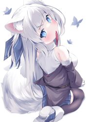 Rule 34 | 1girl, absurdres, animal ear fluff, animal ears, arm support, bare shoulders, black thighhighs, blue eyes, blue skirt, breasts, bug, butterfly, commentary, fox ears, fox girl, fox tail, from behind, full body, hair ornament, hair ribbon, head tilt, highres, insect, konagi (konotuki), light blush, long hair, looking at viewer, medium breasts, mouth hold, one side up, original, pleated skirt, ribbon, shirt, shoes, simple background, sitting, skirt, sleeveless, sleeveless shirt, solo, tail, thighhighs, wariza, white background, white hair, white shirt, x hair ornament