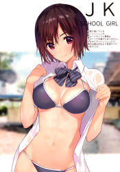 Rule 34 | 1girl, abs, absurdres, bikini, bikini under clothes, blue bikini, blurry, blurry background, bow, bowtie, breasts, brown hair, buttons, fingernails, highres, lips, looking at viewer, mataro (matarou), medium breasts, navel, open clothes, open shirt, original, purple eyes, scan, shirt, short hair, short sleeves, smile, solo, striped, swimsuit, toned, toned stomach, white shirt
