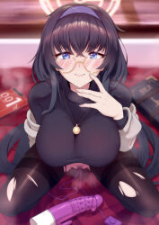 Rule 34 | 1girl, alternate breast size, black hair, black shirt, blue archive, blue eyes, blush, book, breasts, closed mouth, condom box, dearonnus, dildo, female pubic hair, halo, highres, jewelry, large breasts, leaning forward, long sleeves, looking at viewer, pantyhose, pendant, pubic hair, remote control vibrator, round eyewear, sex toy, shirt, thighband pantyhose, torn clothes, ui (blue archive), vibrator